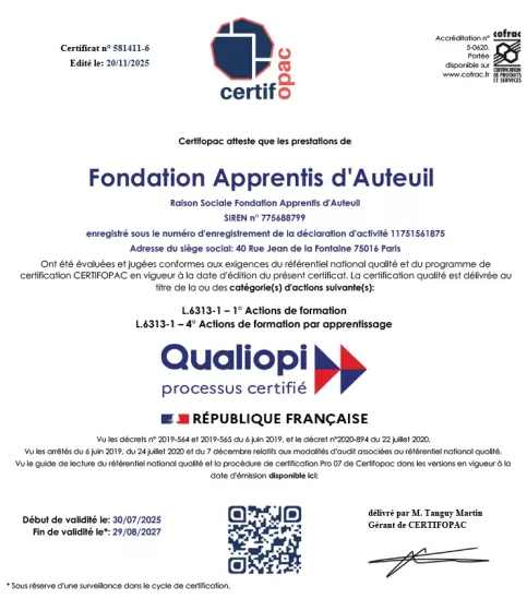 miniature de la 1e page du certificat Qualiopi d'Apprentis d'Auteuil, en date du 20 novembre 2025